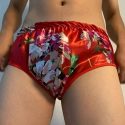 Man Glossy Floral Satin Embroidery Soft Silky Touch Briefs With Inside Band Hygiene Panties Dance Private Party Sexy Costume BF