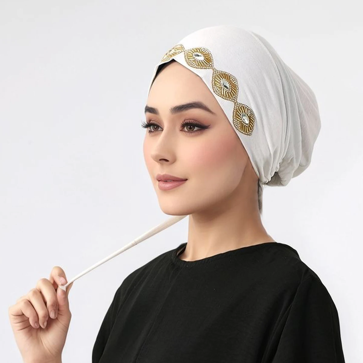 قابل للتعديل حجر الراين قبعات داخلية بلون قبعة مرنة مشروط الحجاب مسلم بونيه وشاح المرأة الإسلام رمضان الملحقات