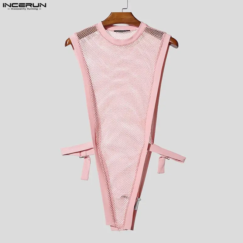 INCERUN Herren Tanktops Mesh Hollow Out Sexy O-Ausschnitt Ärmellos Unregelmäßige Oberteile Streetwear Durchsichtig Modische Herrenkleidung 2026