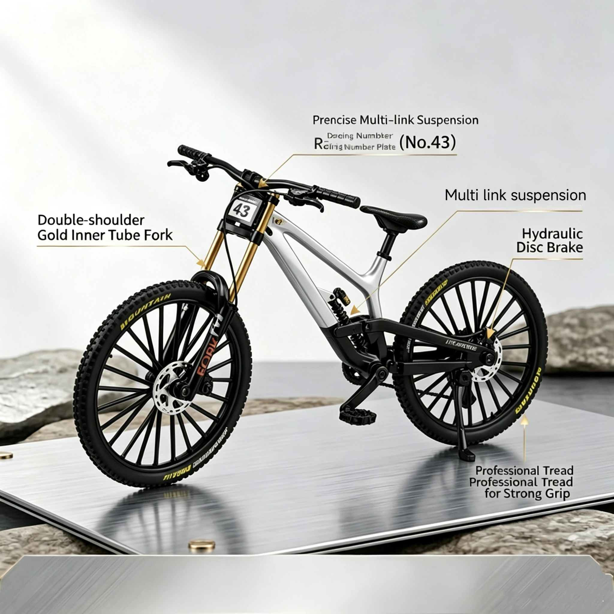 1:10 Model Downhill Mountain Bike Alloy Full Suspension Mini Bicycle Figure with Presentation Base, Collection, Table Decoration view 4