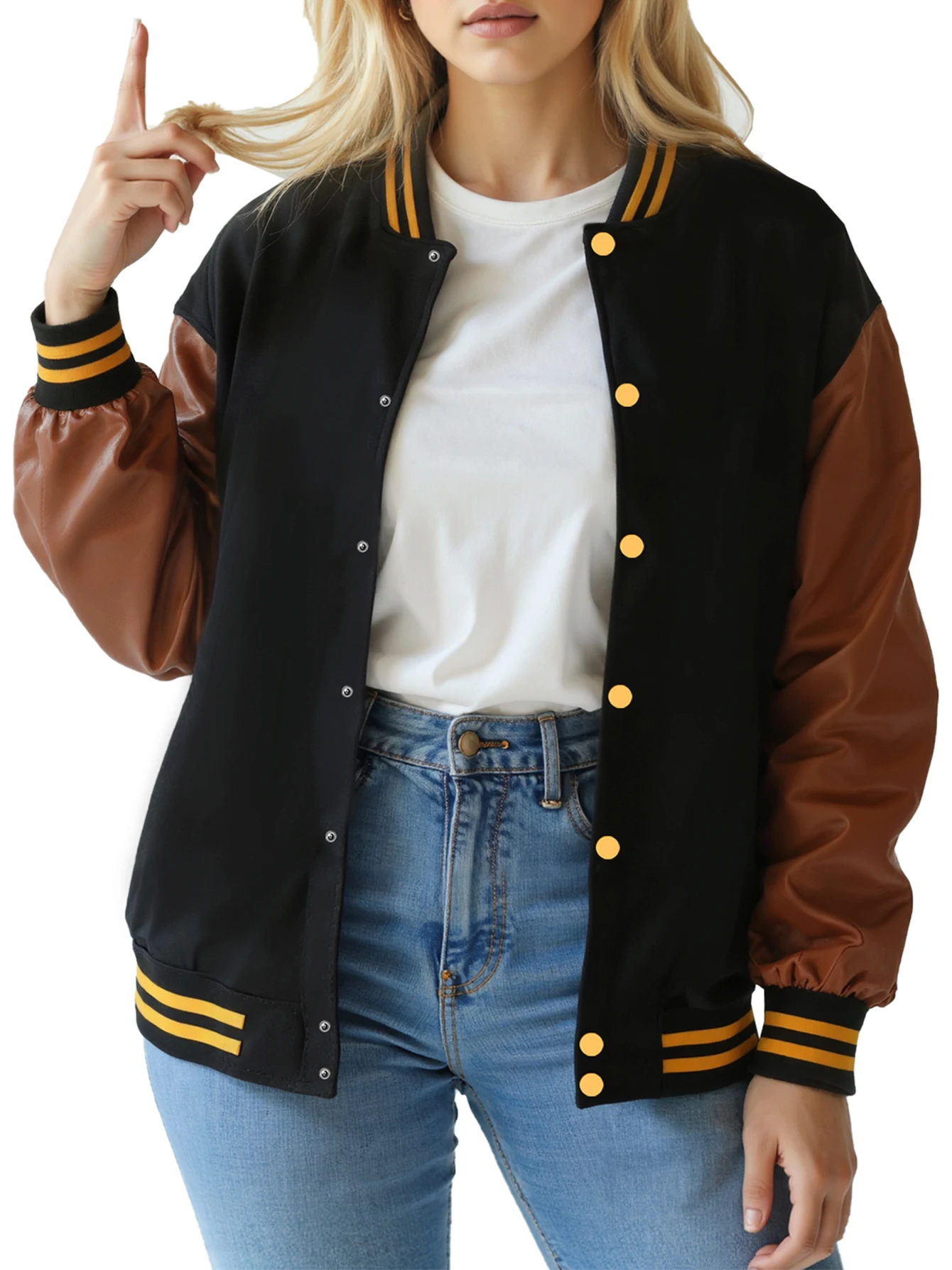 Women's Plus Size Baseball Jacket Trendy Varsity Coat Vintage Casual Outerwear Stylish Streetswear with Two-Tone Color Design