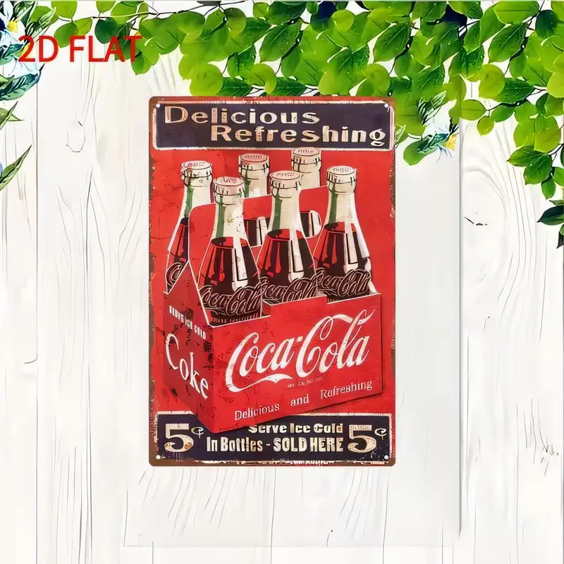 2D Flat Coca - Cola Vintage Metal Tin Sign, Retro Red 6 - Pack Coke & 5¢ Ad Design, Iron Wall Art for Bar/Cafe/Diner, Vintage Ro