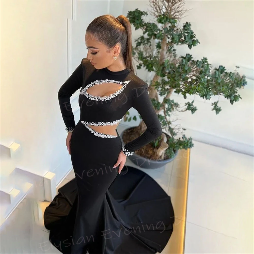 Charming Classic Black Women's Mermaid Modest Evening Dresses Simple Generous O Neck Long Sleeve Prom Gowns Beaded Robe De Bal