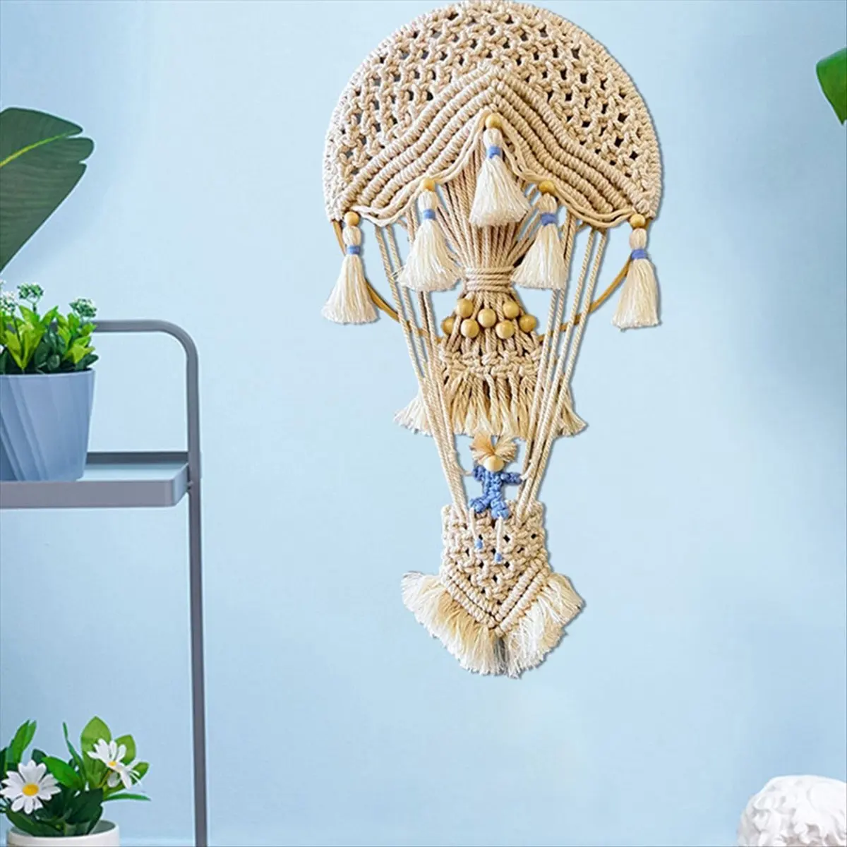 AA83 Hot Air Balloon Wall Hanging Hand-Woven Tapestry Wall Decor Bohemian Home Decor Room Background Blue