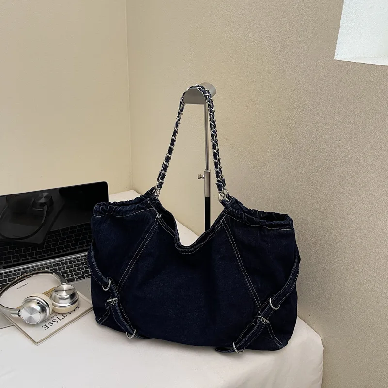 

New Korean Retro Washed Denim Shoulder Bag Fashion Chain Versatile Tote Bag for Women Texture Simple and Leisure Storage Bags