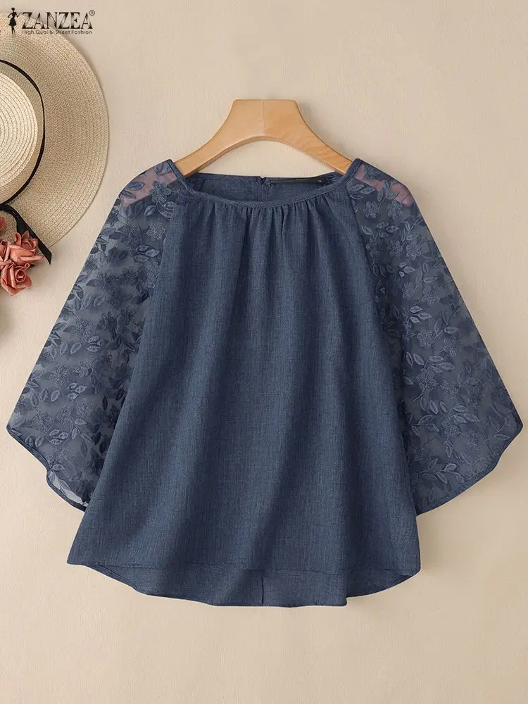 

2025 ZANZEA Autumn Lace Patchwork Shirt Elegant Women Blouse O Neck 3/4 Sleeve Work Tops Stylish Hollow Out Blusas Tunic Femme