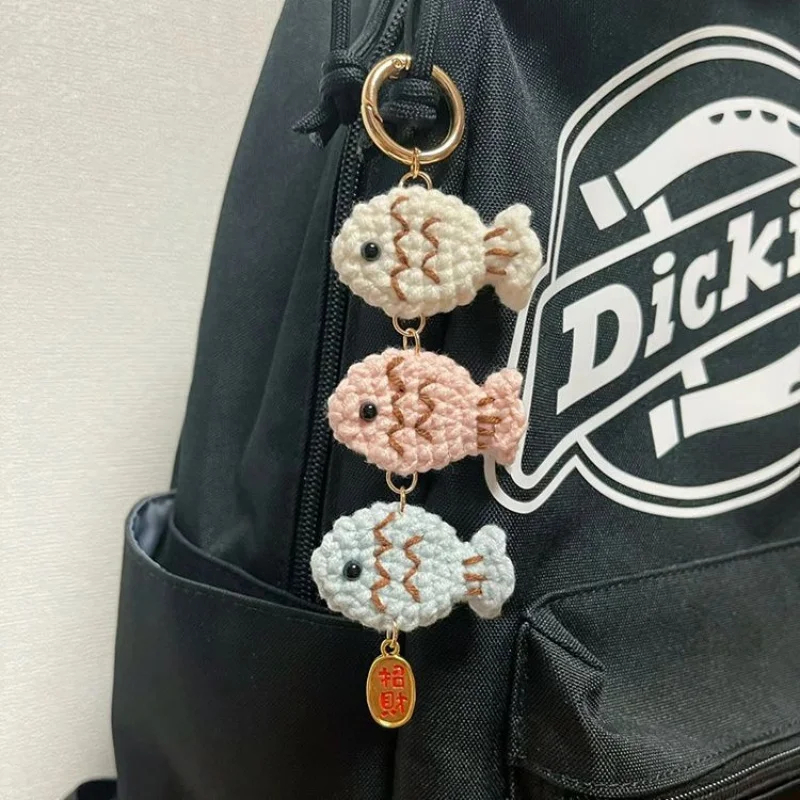 Handmade Cat Fish Keychain Cute Weaving DIY Animal Bag Mobile Phone Accessories Yarn Crochet Doll Pendant Girl Women Gifts