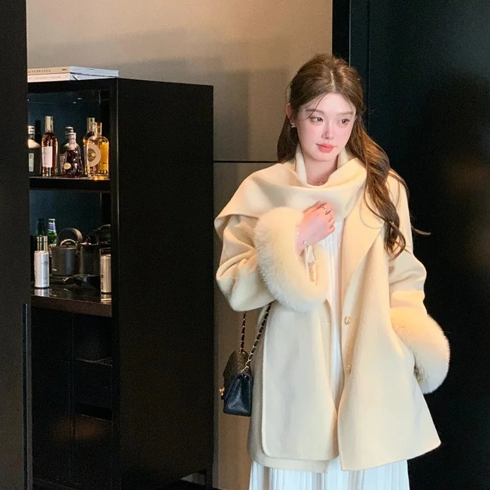 

Elegant Wool Coat Warm Women Double Faced Luxury Real Fox Fur Sleeves 100 Wool Scarf Autumn Winter 2025 New Fashion Trench Coat