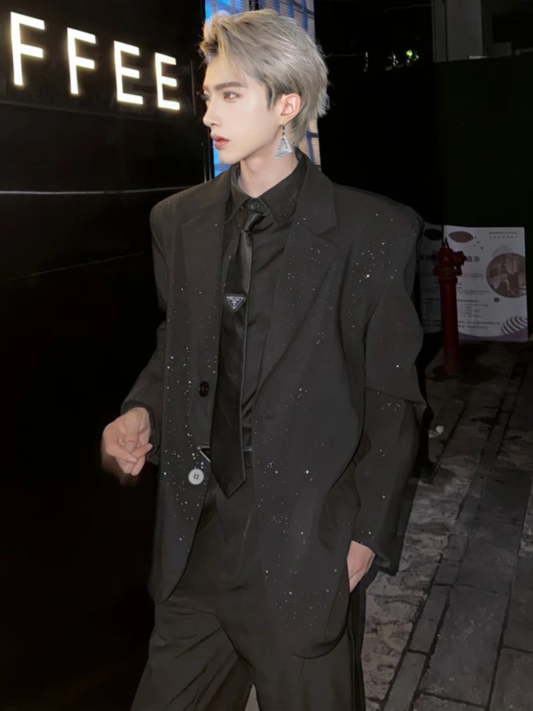 

Черный повседневный блестящий мужской пиджак с пайетками, стильный, модный, уличный стиль, свободный крой, из полиэфирного волокна, с длинными рукавами, весна-осень