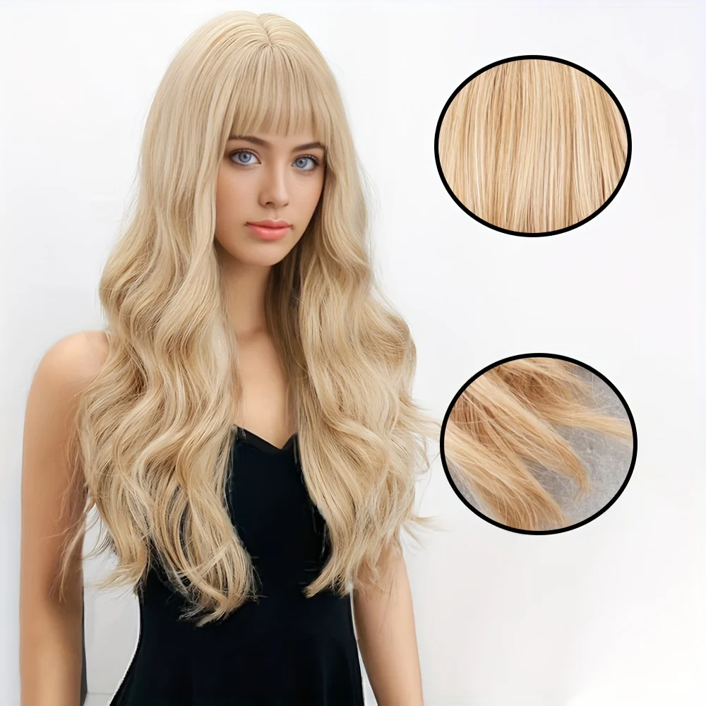 synthesis Long  Blonde Platinum Wig with Bangs Cosplay Daily Use Natural Hair Heat Resistant Wig for Women