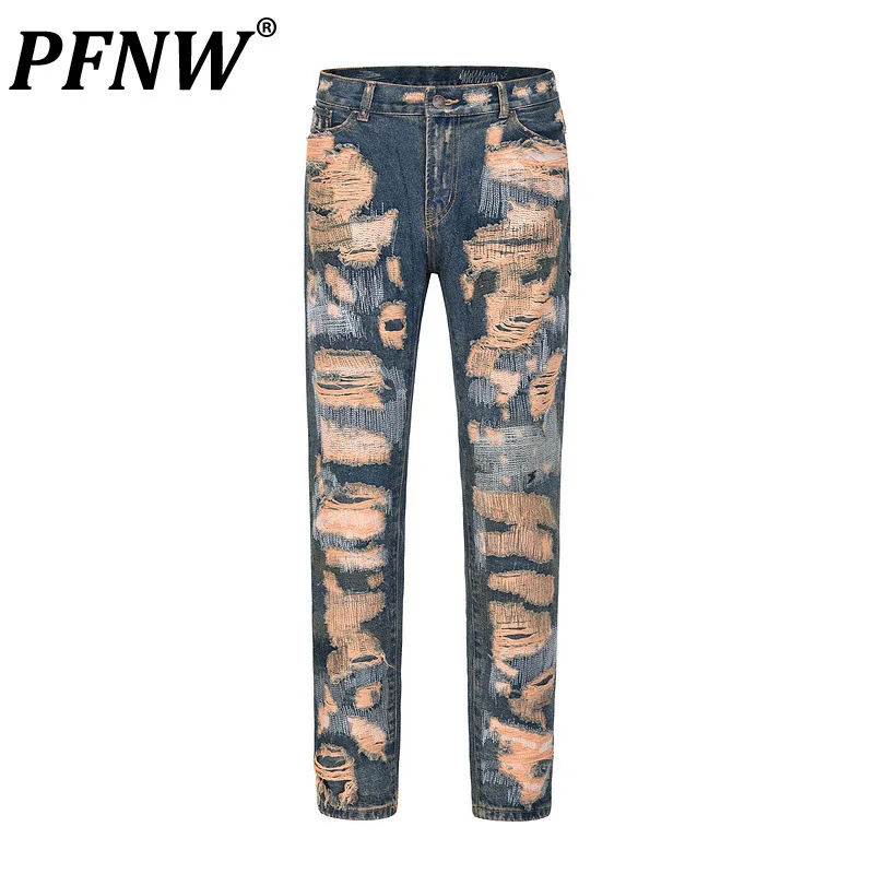 PFNW High Street Vintage Messy Sewing Patched Holes Embroidery Straight Slim Fit Jeans For Men Tide New Pencil Pants 12C1867