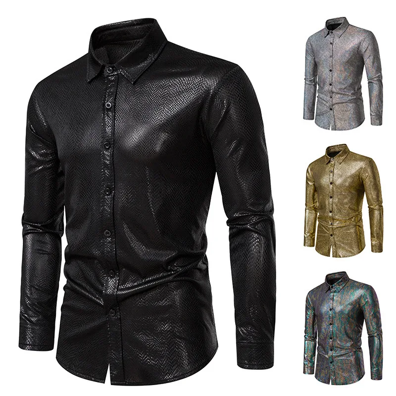 New Snakeskin Bronzing Stage Dress Banquet Fashion Men's Long-sleeved Shirt Fashion Trend men clothing