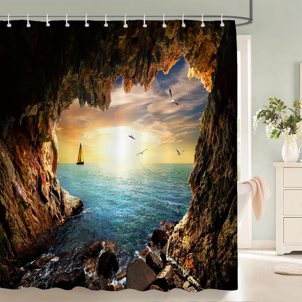 Sunlight Ocean Beach Fabric Shower Curtain Bathroom Curtains Sunset Dusk Sea large Size 300x180CM ​Bath Screen with 12 Hooks