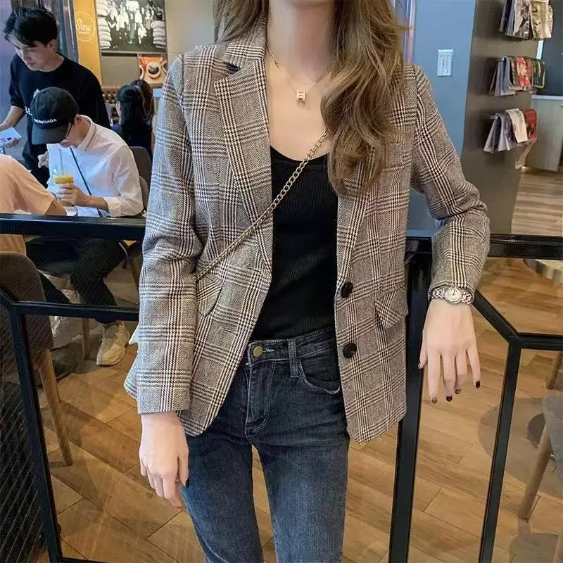 

Spring Autumn Short Thin Plaid Women's Jacket Student Style Cleanfit Loose Polyester Fiber Printed Coat for Ladies
