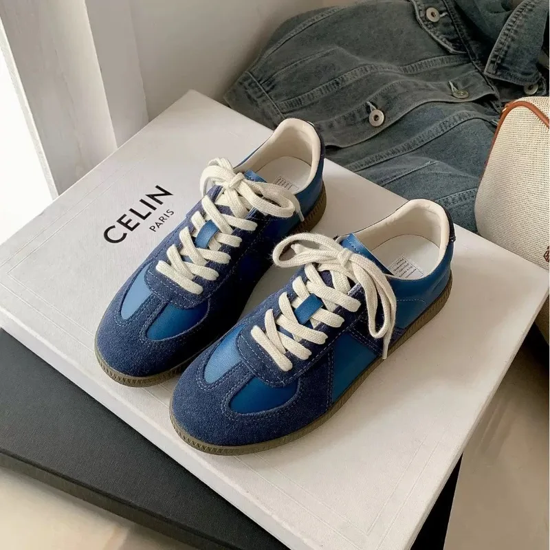 

Женские ретро-кроссовки из натуральной кожи в немецком стиле, новинка 2026 года, спортивные туфли с цветовыми блоками, на шнуровке, на плоской подошве, в стиле Forrest.