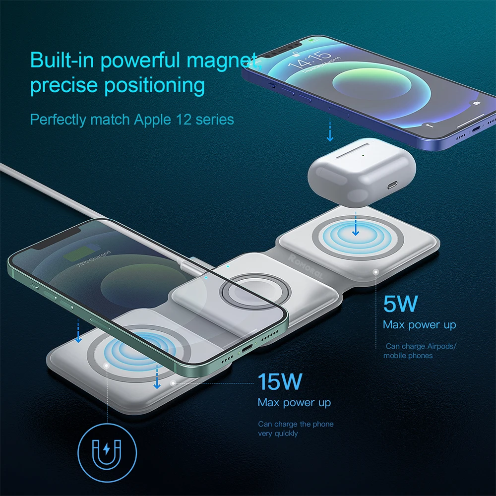 Magnetic Wireless Charger สำหรับ iPhone 13 11 12 Pro Max แบบพกพา15W Fast Wireless Charger Station สำหรับ AirPod/3Apple Watch