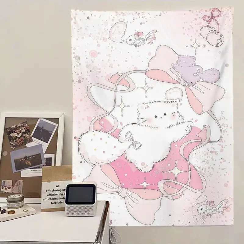 VIKAMA Sweet Edgy Cute Cat Tapestry, Korean Style Instagram Wall Hanging, Girls Bedroom Decor, Cute Animal Wall Art Backdrop