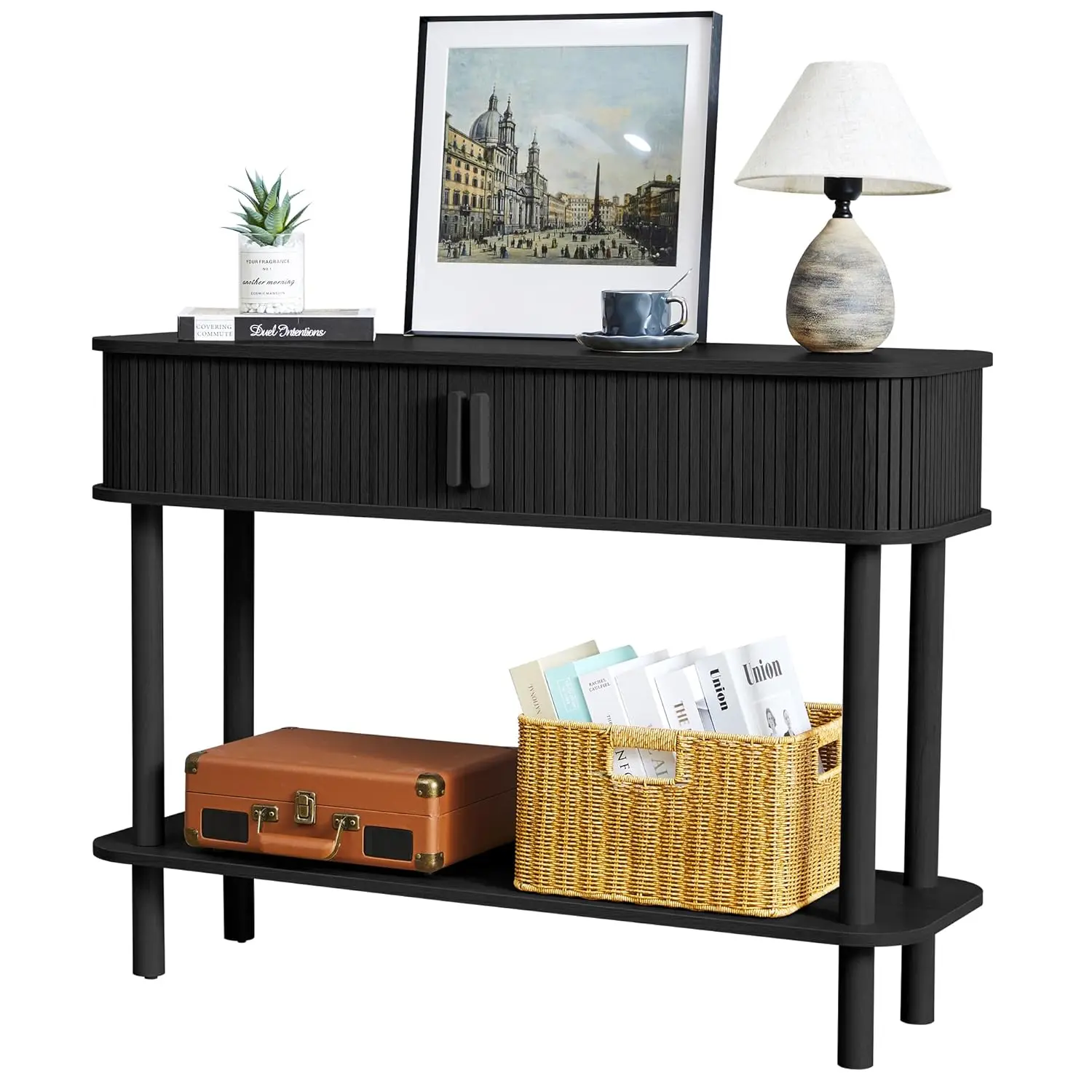 #Console Table with Storage, Fluted Entryway Table with Sliding Door&Open Shelf, Sofa Table Behind Couch,, Customized