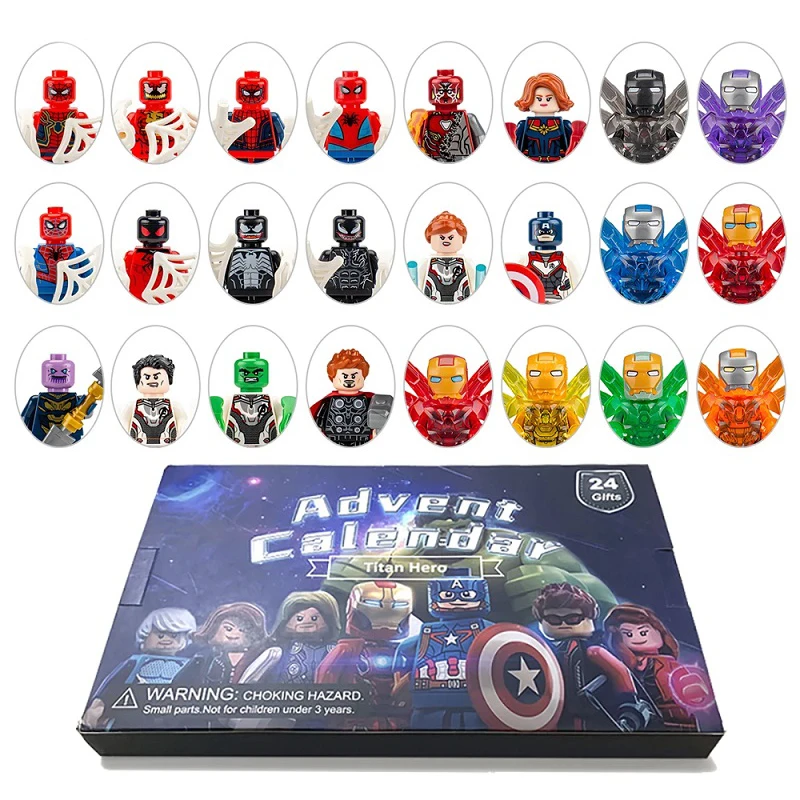 Caja de calendario de Adviento de Marvel de Disney, 24 Uds., figuras de Los Vengadores, Spiderman, Iron Man, Thanos, Thor, juguetes modelo de PVC, regalo de Navidad para niños