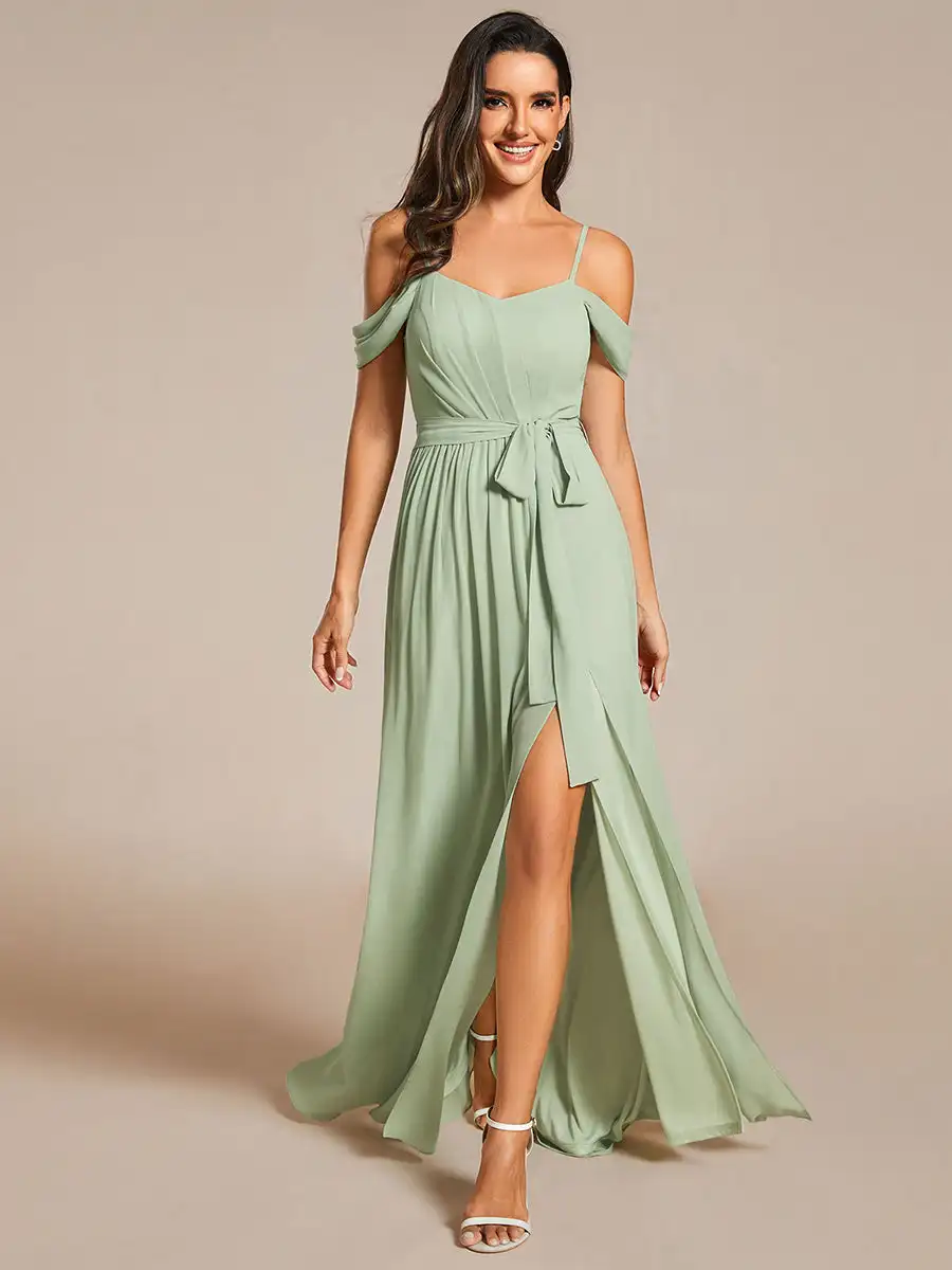 Elegant Evening Dresses Side Split Cold Shoulder Bowknot Hidden zipper 2024 Ever Pretty of Chiffon Mint Green Bridesmaid Dress