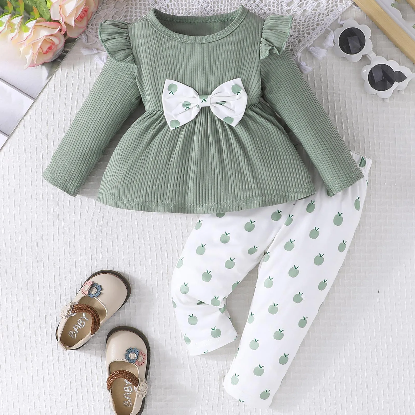 

Комплекты детской одежды Топ с длинными рукавами и брюками с принтом бабок для маленьких девочек Комплекты одежды из 2 предметов для новорожденных девочек 0–3 лет