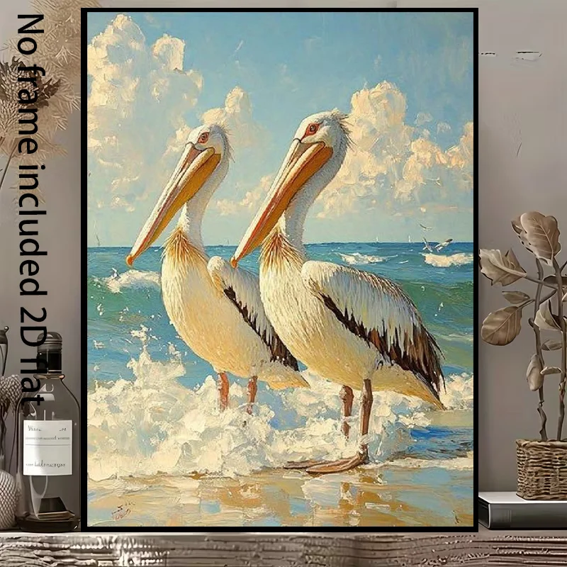 2D Flat, 1pc Vertical Suitable for / - Two Pelicans Painting, Sea Bird Scroll for, Bedroom, Decor, Unframed Canvas Suitable f