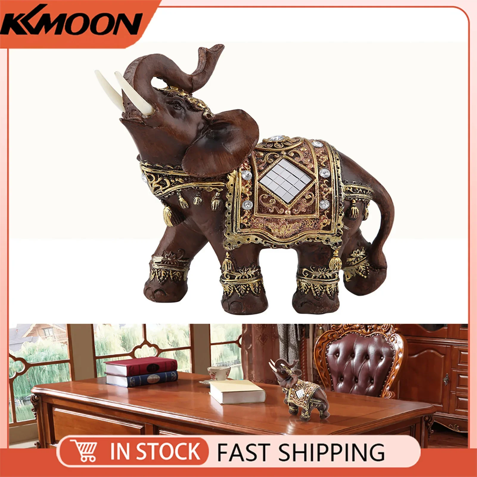 Lucky Feng Shui Holzmaserung Elefant Statue Skulptur Reichtum Figur Geschenk Heimdekoration (L)