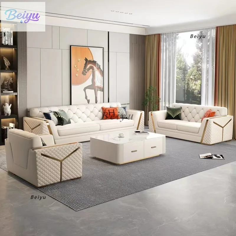 Italian light luxury leather sofa modern simple American buckle sofa combination villa living room high-end household sofa