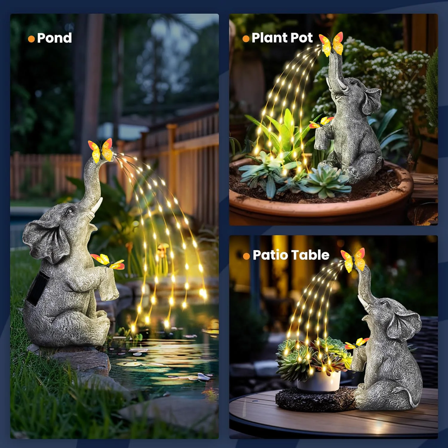 Solar Elephant Statues String Lights for Garden Decor Outdoor Sculptures Lawn Ornaments Birthday Gifts for Mom Grandma Women