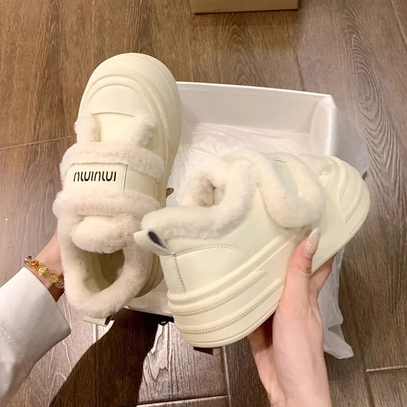 

Winter Women Fuzzy Fur Lined Mule Slippers Plush Magic Strap Platform Cotton Shoes New Indoor Outdoor Warm Slip on Fluffy Slides