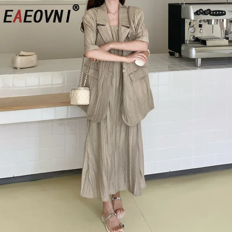 

EAEOVNI Summer Fashion Two Piece Set Women Button Short Sleeve Blazer Coat + Sleeveless A Line Sling Dresses Clothing 1A1150