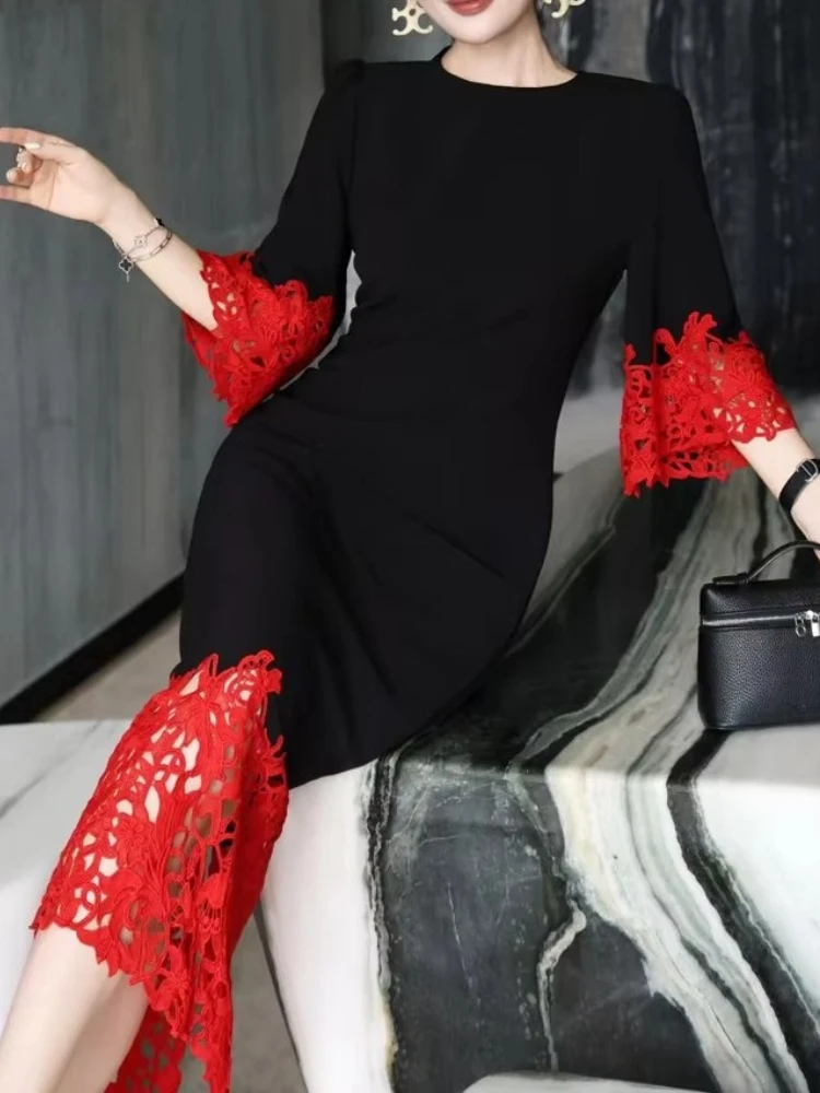 فساتين سهرة أنيقة برقبة دائرية وأكمام 3/4 فستان طويل مثير للمشاهير رائع عالي الجودة للحفلات الراقصة للنساء حسب الطلب