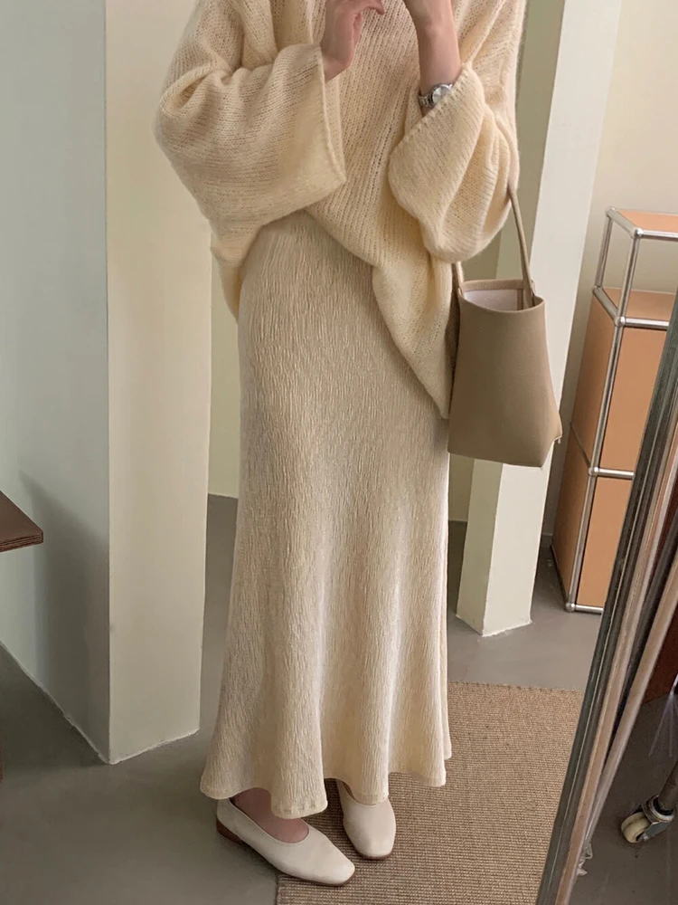 Vintage Patchwork Midi Skirts for Women Spring High Waist Solid Simple Fishtail Skirts Y2K Loose Streetwear Pleated A Line Skirt