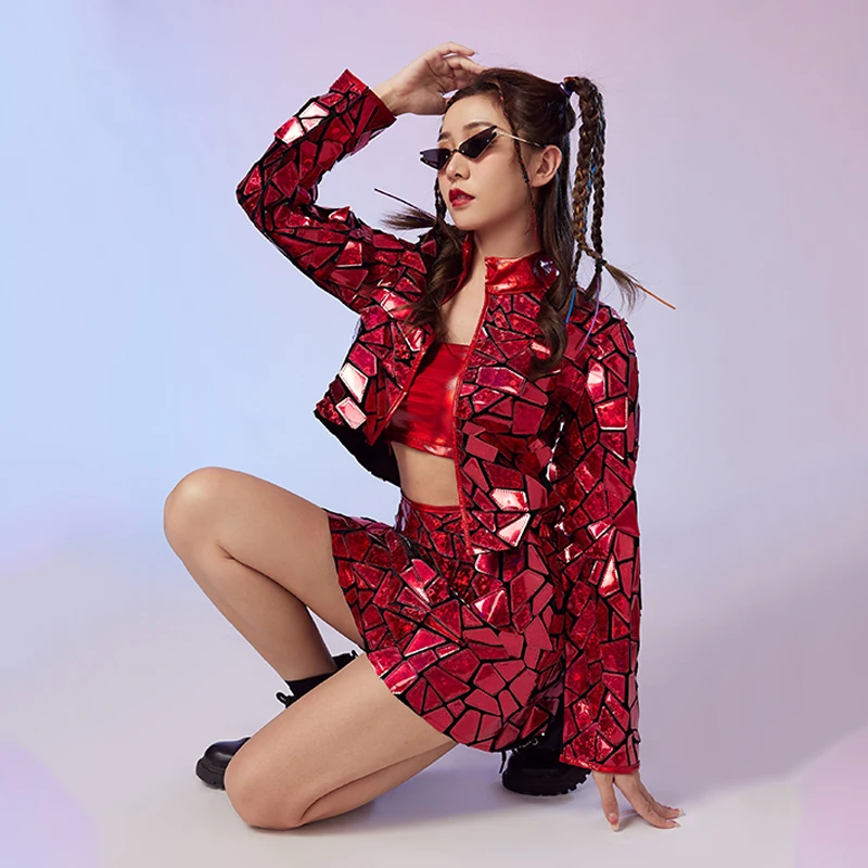 Ropa de baile de Jazz con lentejuelas y espejo rojo nuevo, traje de escenario para cantante, fiesta, Festival, club nocturno, conjunto de disfraz de bailarina Gogo