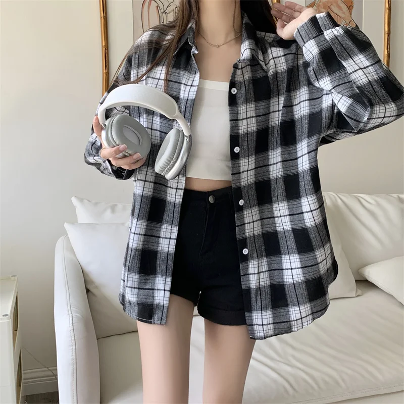 Camicia scozzese in bianco e nero per donna Autunno Inverno Manica lunga Camicetta monopetto Top Camicie casual in tartan femminile