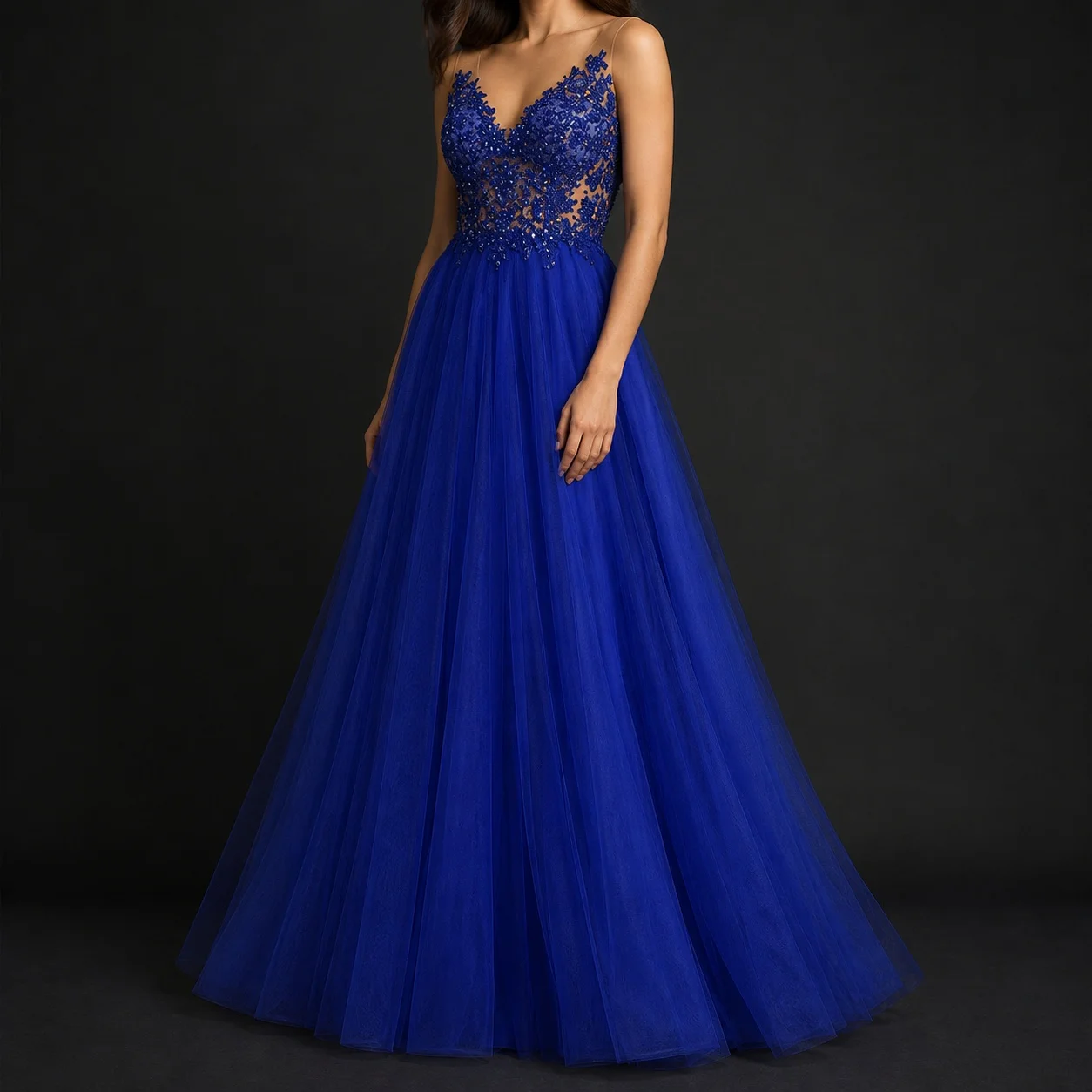 Women's Royal Blue Beaded V-Neck Sleeveless Evening Gown Sequin Tulle A-Line Prom Dress Formal Wedding Guest Vestidos De Gala