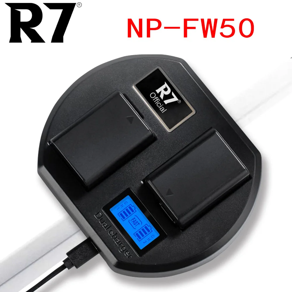 R7 2000mAh NP-FW50 NP FW50 Battery + LCD USB Dual Charger for Sony Alpha A6000 A6400 A6300 A6500 A7 A7II A7RII A7SII A7S A7S2