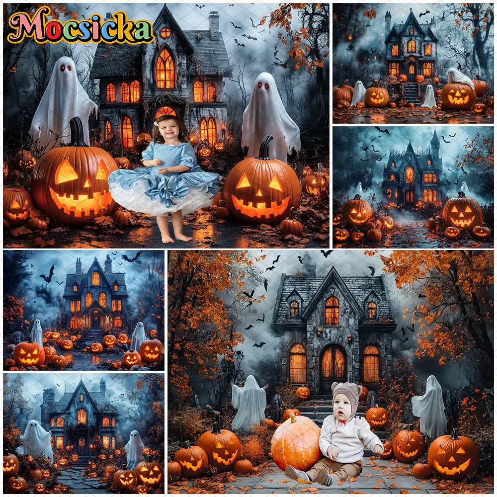 

Mocsicka Halloween Backdrop Jack-O-Lantern Family Party Photo Backgrounds Fall Leaf Castle House Pumpkin Bat Ghost Decors Banner