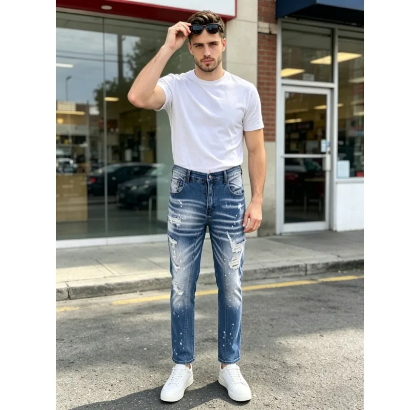 OIQERE European American Mens Jeans High Street Slim Ripped Stretch Straight Leg Trendy Long Denim Trousers