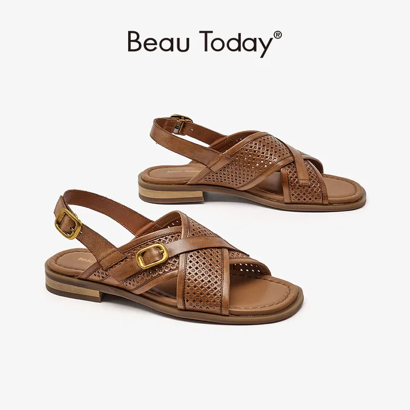 BeauToday Flats Snadals Women Square Heel Open Toe Slingback Hollow-Out Buckle Back Strap Casual Summer Ladies Shoes 32397