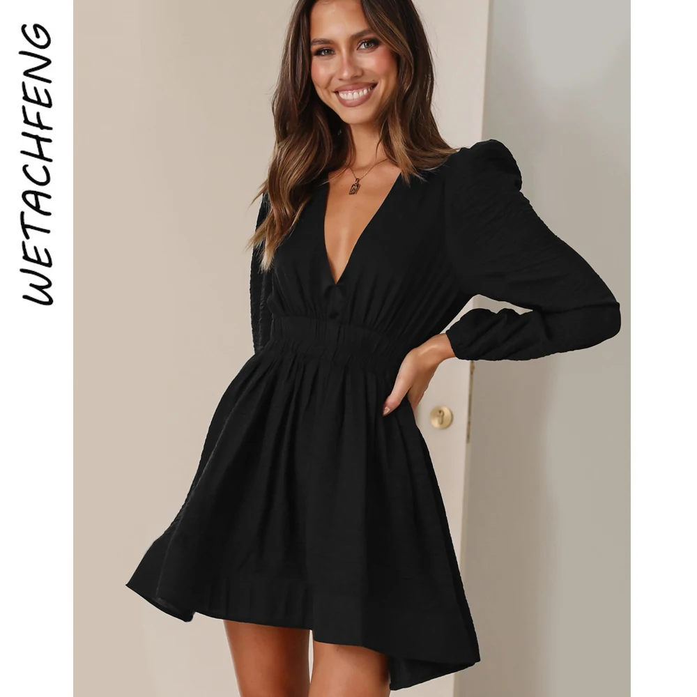 

Solid Bohemian Elegant Short Dress Women Autumn Croset Long Lantern Sleeve Button Ruffles Mini Shirts Dress 2022 Female Clothes