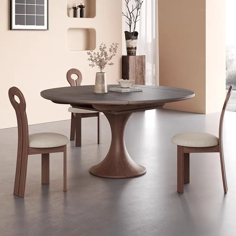 Solid wood folding dining table rock slab telescopic variable round table round household small apartment