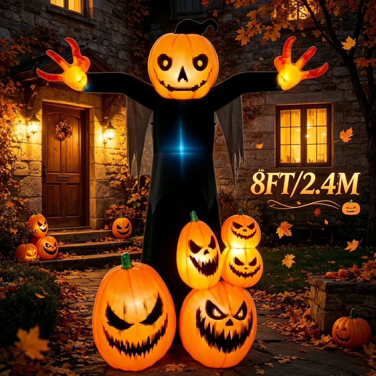 Halloween Inflatable Pumpkin Head Ghost Ornament With Built In Warm LED Holiday Lighting
