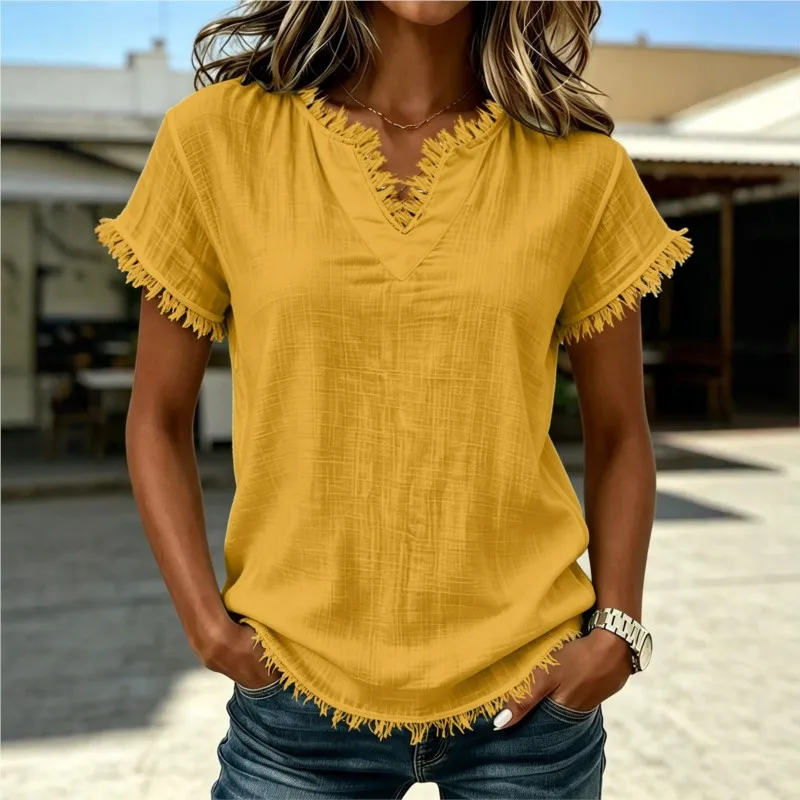 Fashion Tassel Patchwork Design Top Women's Summer Casual V-neck Loose Short Sleeved Shirt Versatile Blouses For Ladies Solid
