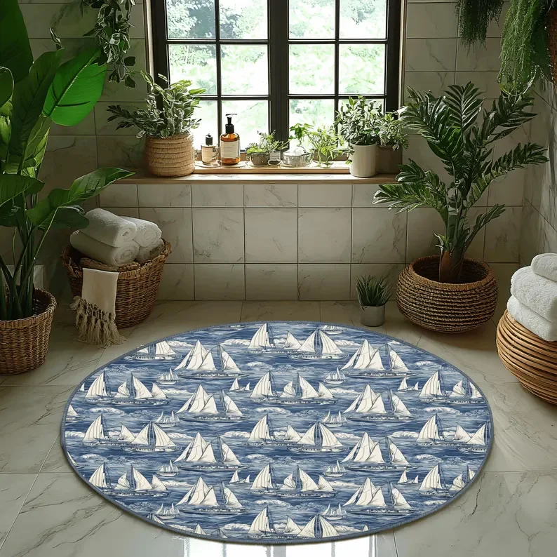 Nautical Sailboats Round Rug Non-Slip Ocean Waves Circle Rug Marine Living Room Rug Waves Bedroom Floor Mat Coastal Decor