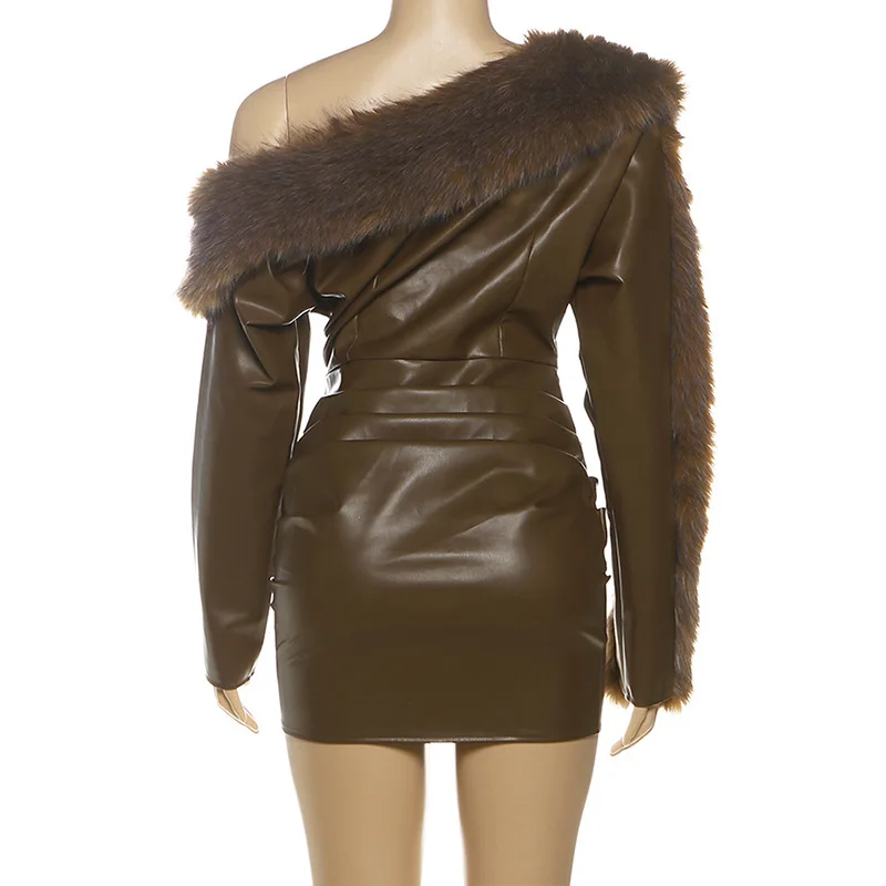 Women's Dresses One-Shoulder Pu Leather Bodycon Mini Dress with Faux Fur Trim Sleeve Elegant Party Evening Outfit