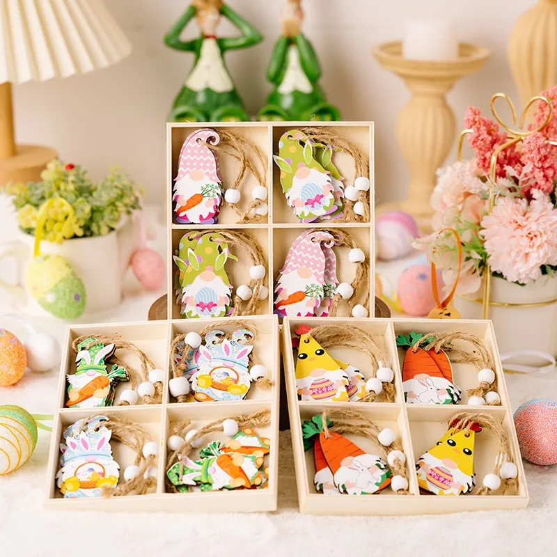 Easter Decoration 4-Grid Wooden Box Pendant Set Wooden Gnome Carrot Hanging Ornaments Ideal Easter Party Home Wall Tree Decor