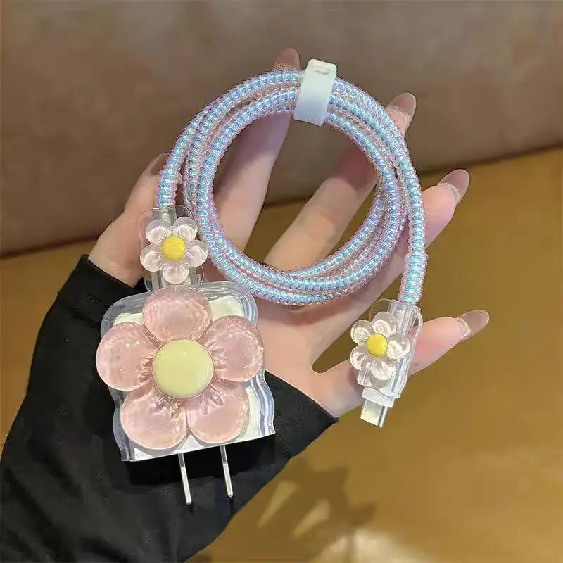 아이폰 12 13 14 15 16용 3D 보라색 꽃 투명 실리콘 충전기 케이스 18W-20W 귀여운 고속 충전 보호 커버