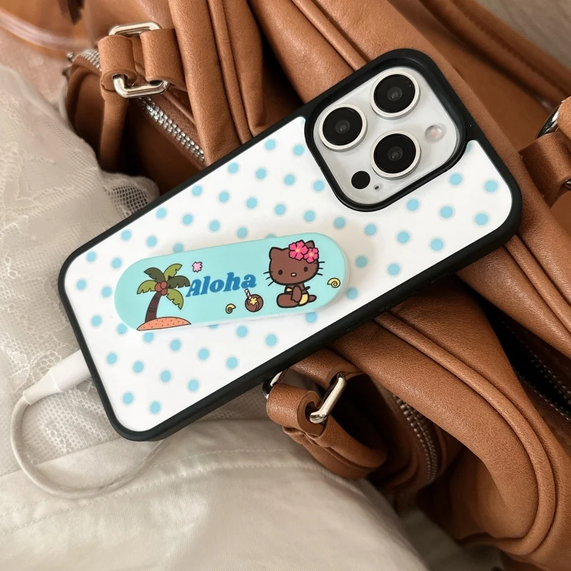 

Luxury white Blue Polka Dots Cute Hello Kitty cartoon creative Band aid bracket Phone Case For iPhone 13 14 15 16 Pro Max Cover