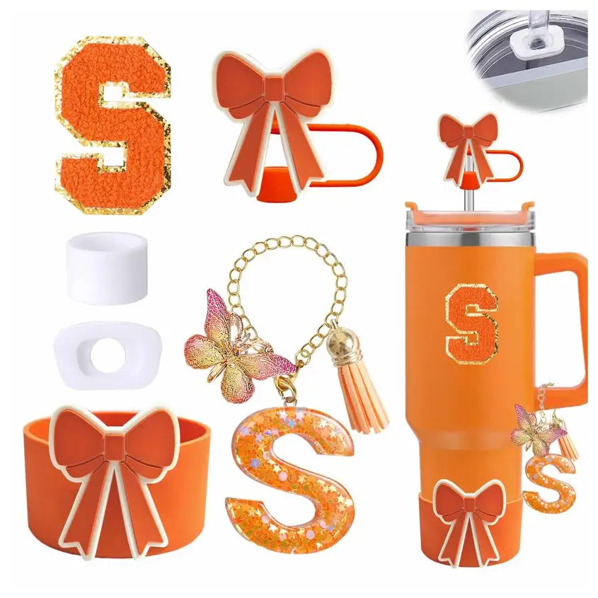 Orange Cup Accessories Set for  Cup 30oz 40oz tumbler, Including Silicone Straw Topper Cover Cap and Bow Boot, Spill Proof Stopp